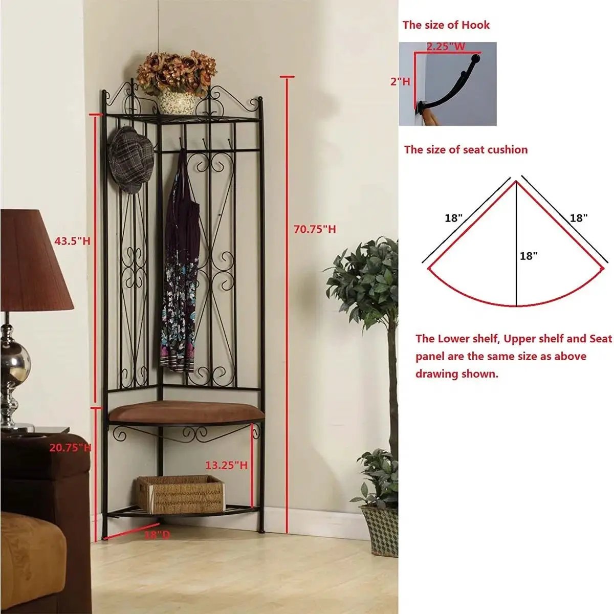 Black metal scrolling corner hall tree coat rack with cushioned bench and lower shelf on Tampa Home & Garden Store