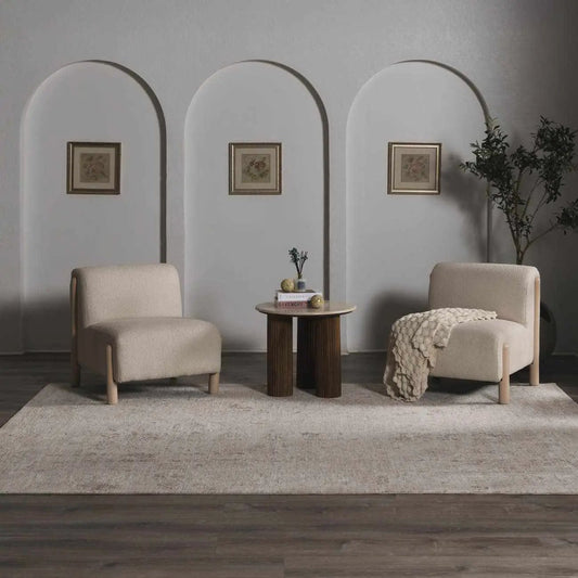 Jenis Gray Luxe Rug polyester machine woven in soft gray in a living room on Tampa Home & Garden Store