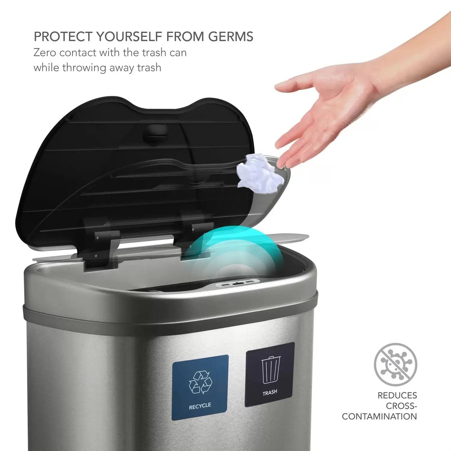 Dual stainless steel trash can with sensor lid; 18 gal, recycle/trash labeled, HomePacific on Tampa Home & Garden Store