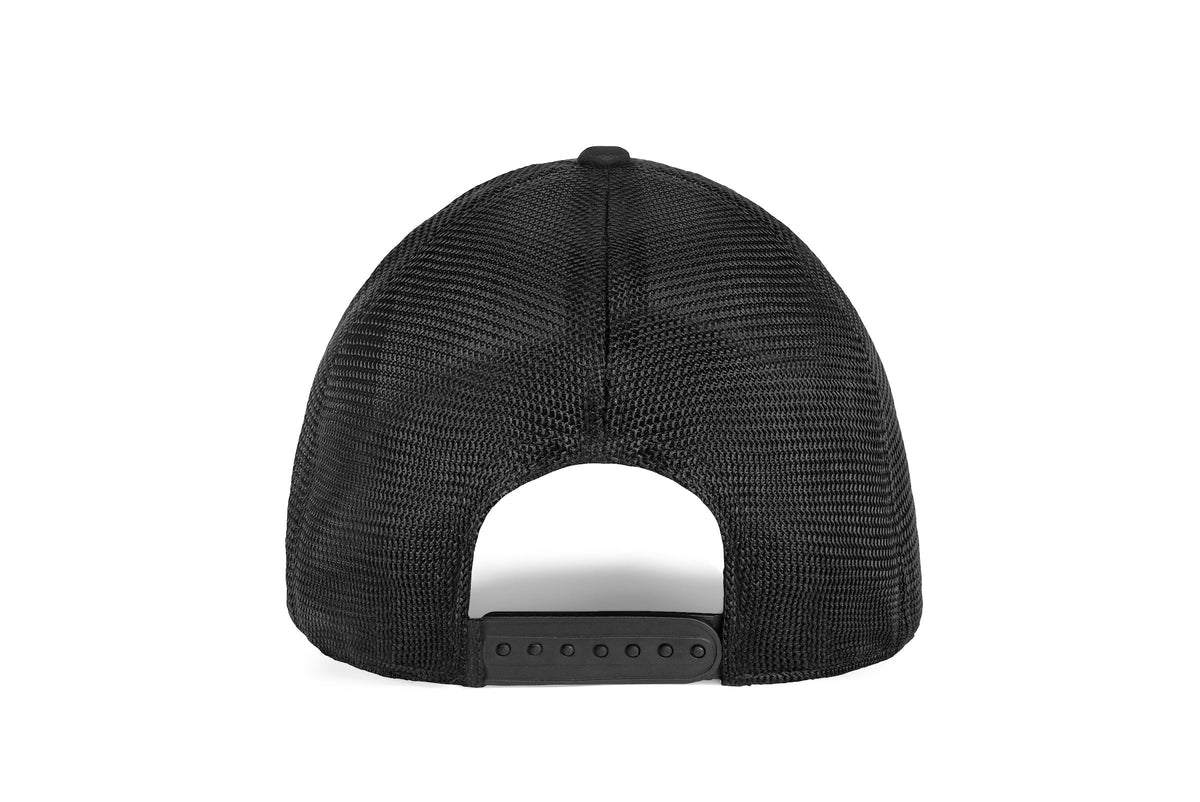 Skeleton Optics Logo Blackout Cap back view with black mesh and adjustable snapback on Tampa Home & Garden Store
