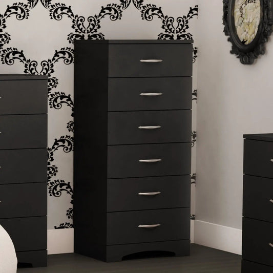 Black six-drawer lingerie chest with silver handles by HomePacific in a contemporary bedroom on Tampa Home & Garden Store
