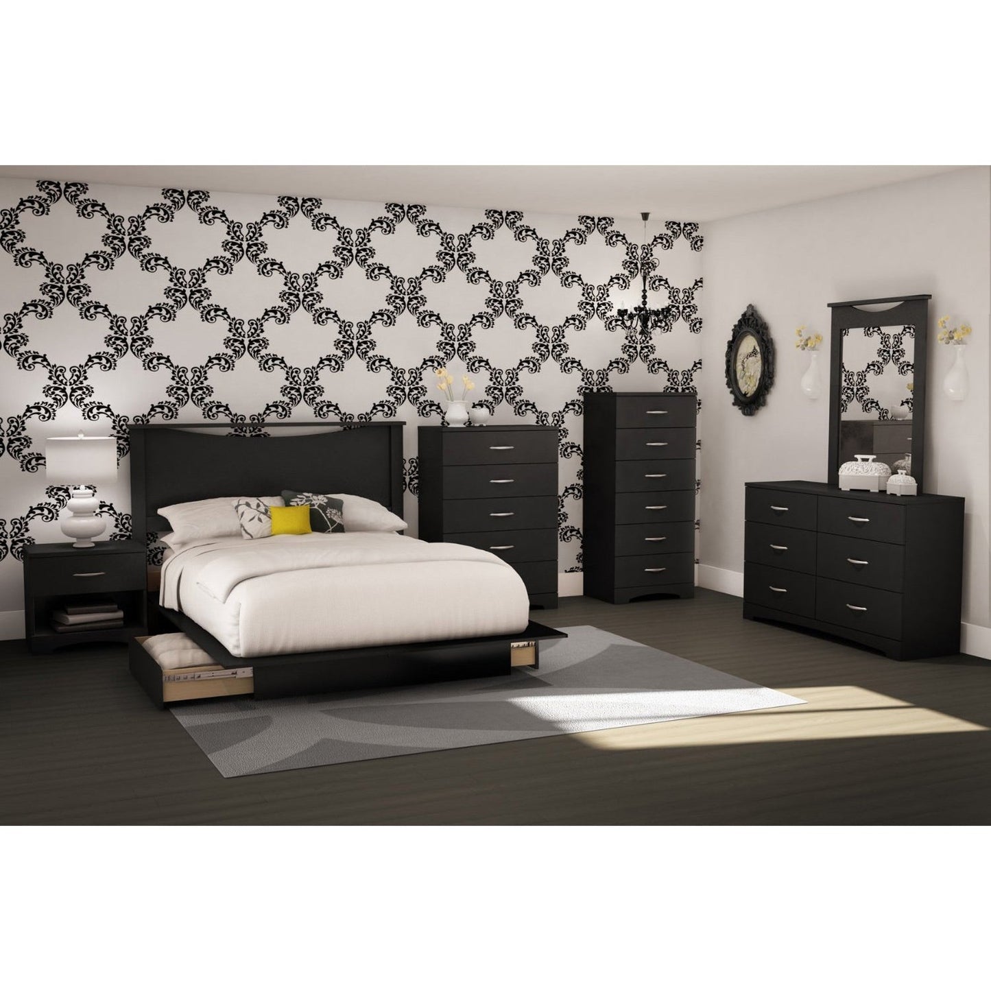 Cómoda lencera negra de 6 cajones para dormitorio contemporáneo