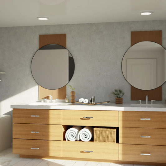 Sol Mirror pair with round black metal frames on wood slat backdrops on Tampa Home & Garden Store