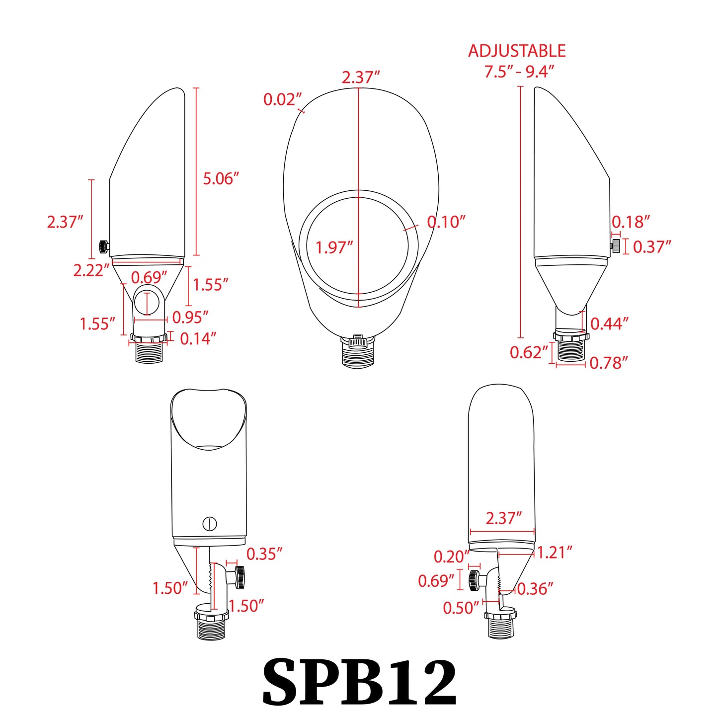 Foco de iluminación exterior de bajo voltaje LED ajustable SPB12 de 3 W a 12 W