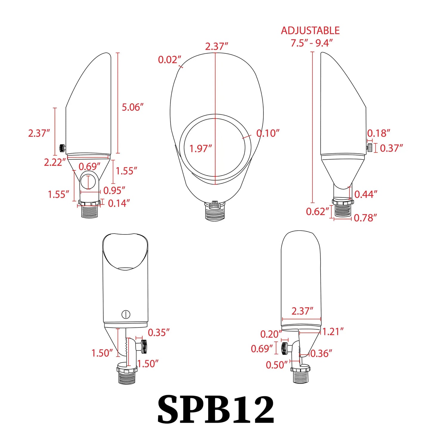 SPB12 adjustable LED landscape spotlight schematic with dimensions Kings Outdoor Lighting 3W-12W on Tampa Home & Garden Store