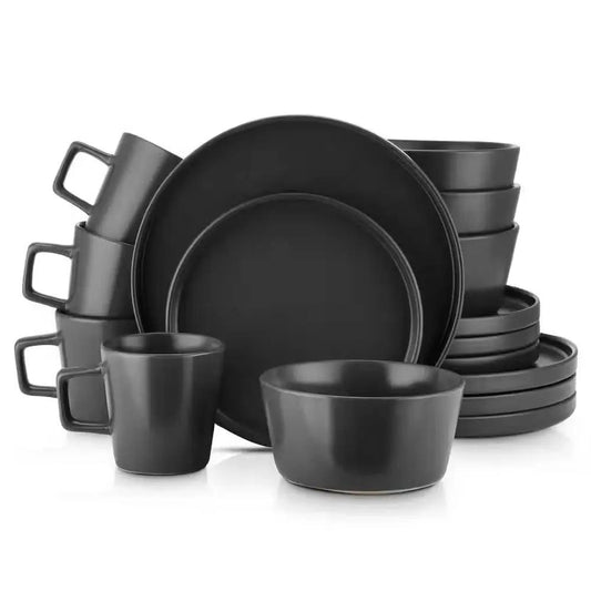 Stoneware Dinnerware Set Matte Black for Four, 16-piece with plates, bowls, and mugs on Tampa Home & Garden Store
