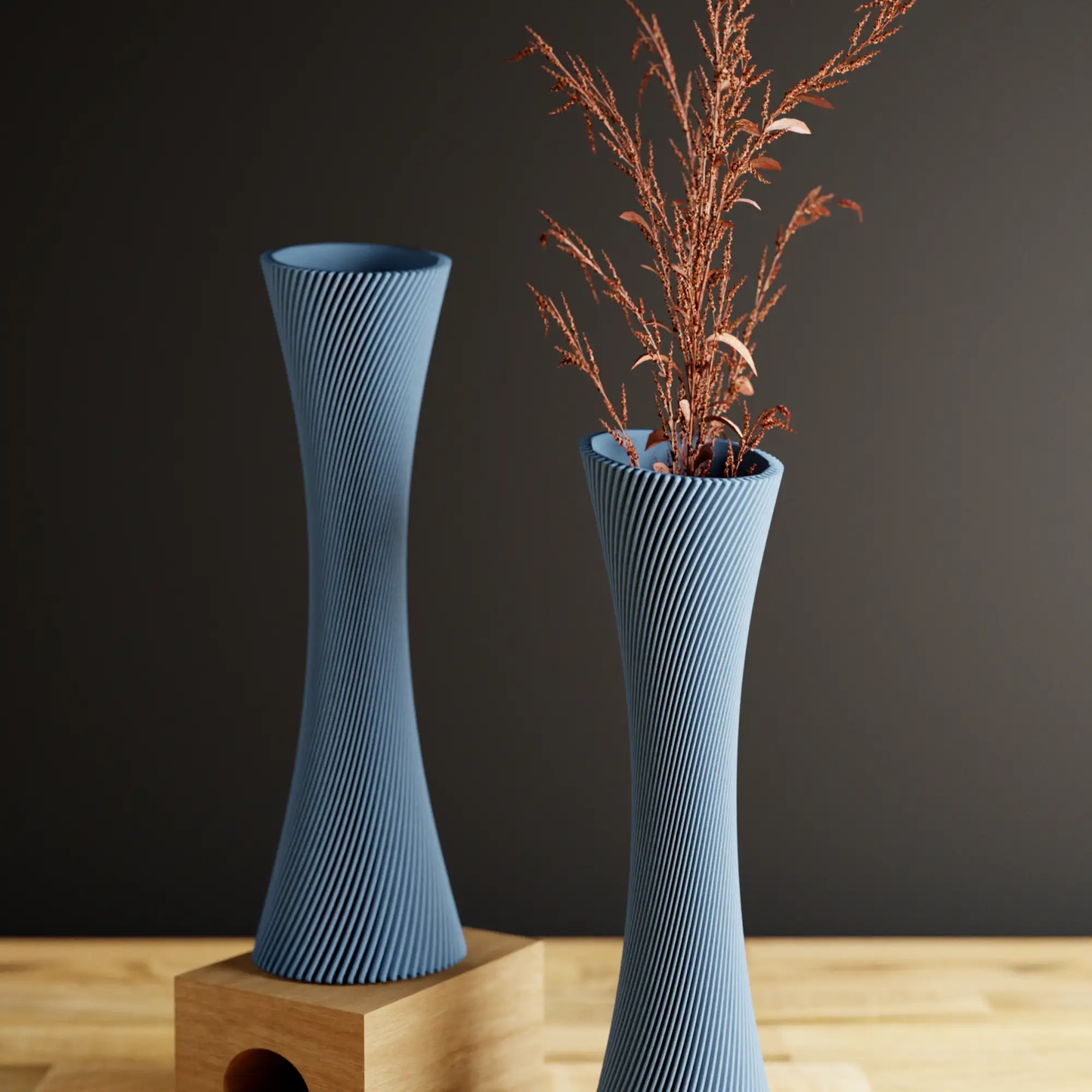 Spiral Rose Vase blue with modernized fluid ribbed design; two tall vases on wood table on Tampa Home & Garden Store