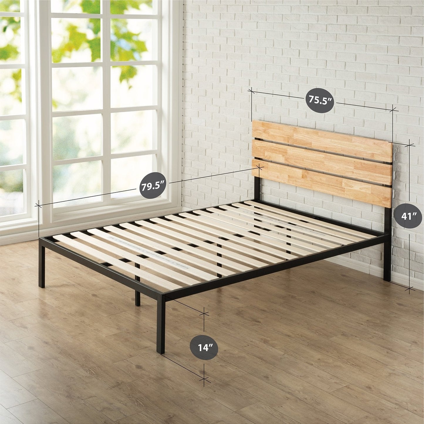 Base de cama tipo plataforma King size moderna de metal con cabecero y listones de madera
