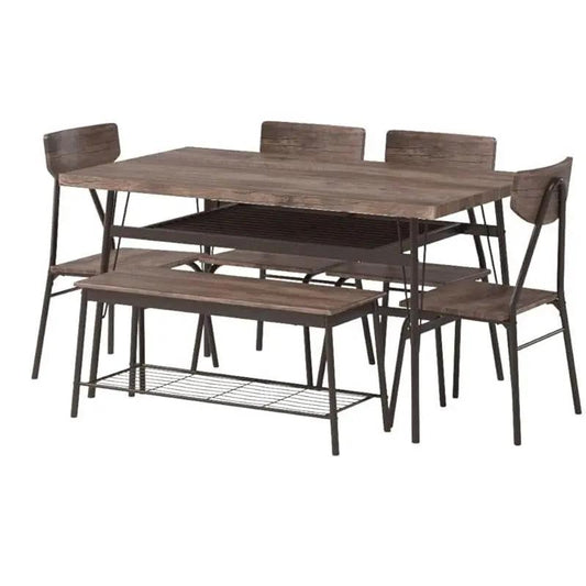Modern brown wood top dining set with metal frame; includes 4 chairs and storage bench on Tampa Home & Garden Store