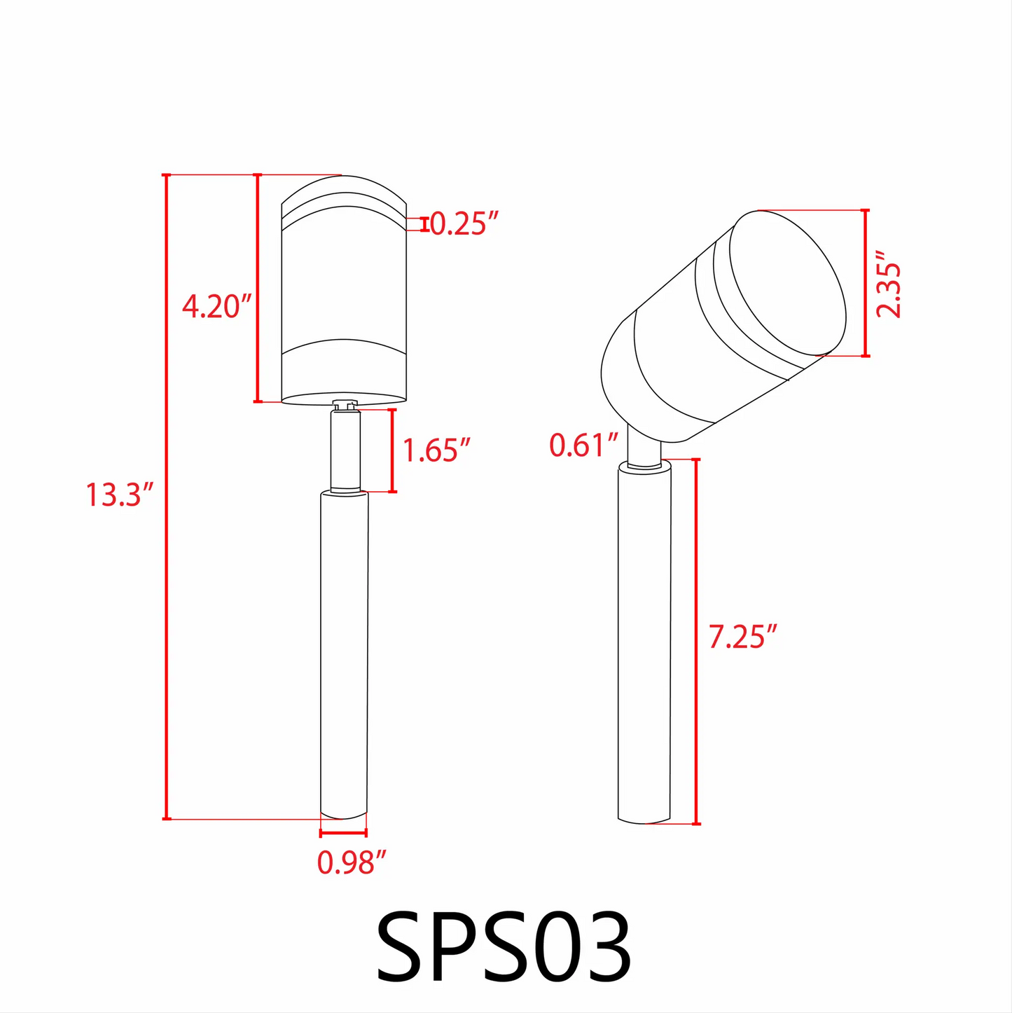 SPS03 LED stainless steel outdoor spotlight schematic with adjustable head and mounting stem on Tampa Home & Garden Store