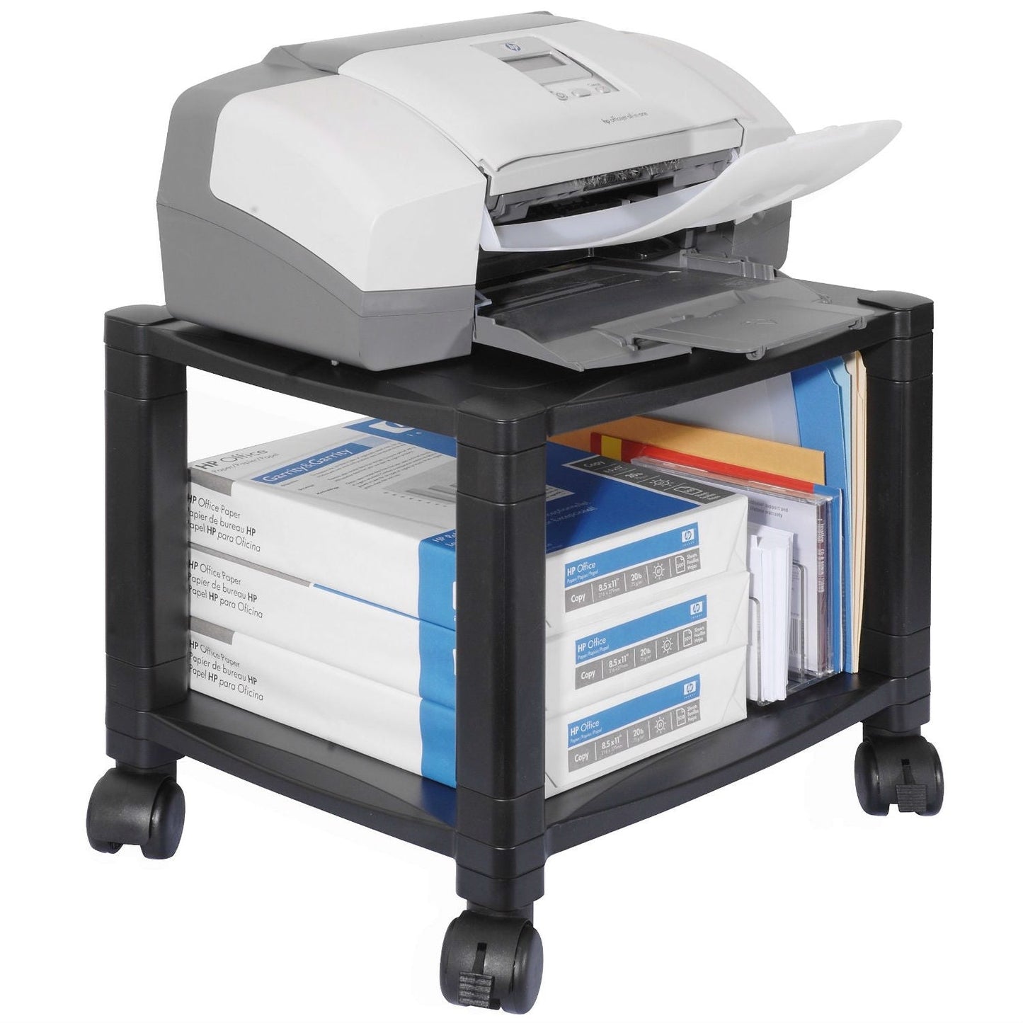 Mesa móvil resistente de 2 estantes para impresora en color negro con ruedas con freno