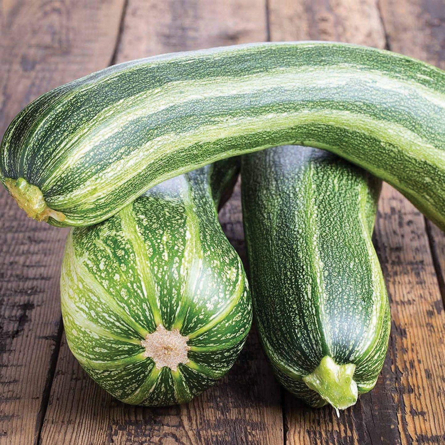 Several Italian Striped Zucchini fruits with green and pale-yellow stripes on wood surface on Tampa Home & Garden Store