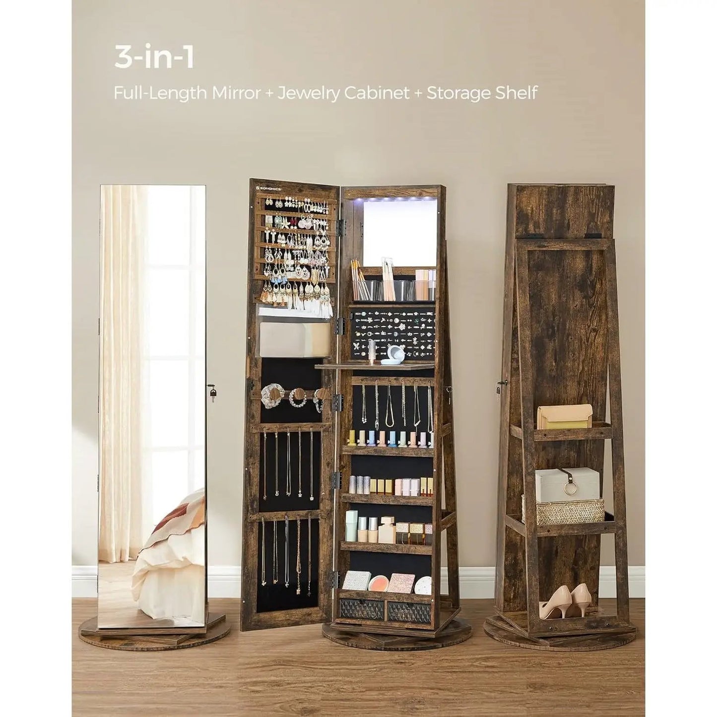 Rustic Brown Wood Jewelry Cabinet Armoire Organizer Freestanding Rotating Mirror - Tampa Home & Garden Store