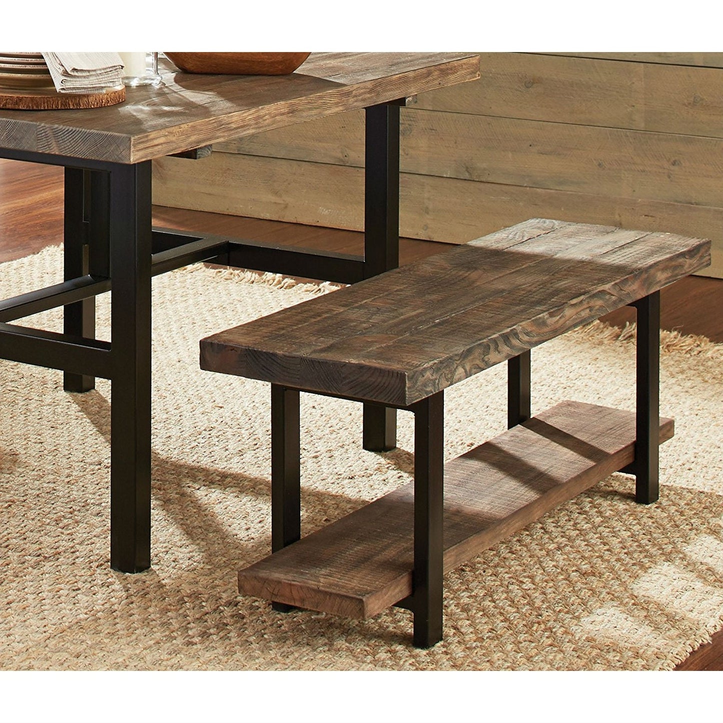 Modern Industrial Wood and Metal Accent Bench two-tier dark stained wood with black metal frame on Tampa Home & Garden Store