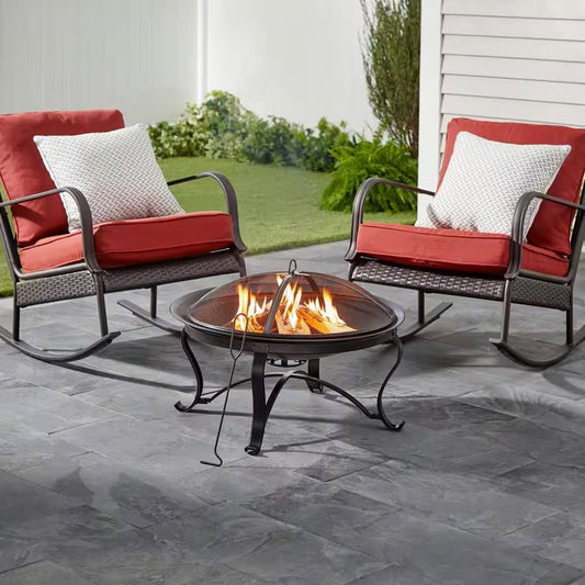 30-inch Round Steel Outdoor Fire Pit with Mesh Cover and Poker in Bronze - Tampa Home & Garden Store