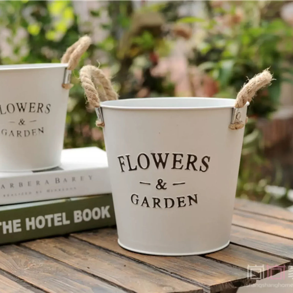 Farmhouse metal flower bucket planters, white with rope handles, two RusticReach planters on Tampa Home & Garden Store