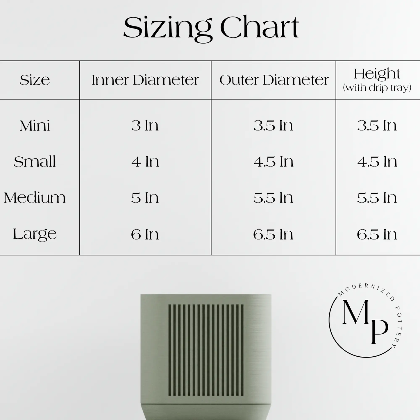 Stack Planter sizing chart Modern Garden Planter with inner and outer diameters and heights on Tampa Home & Garden Store