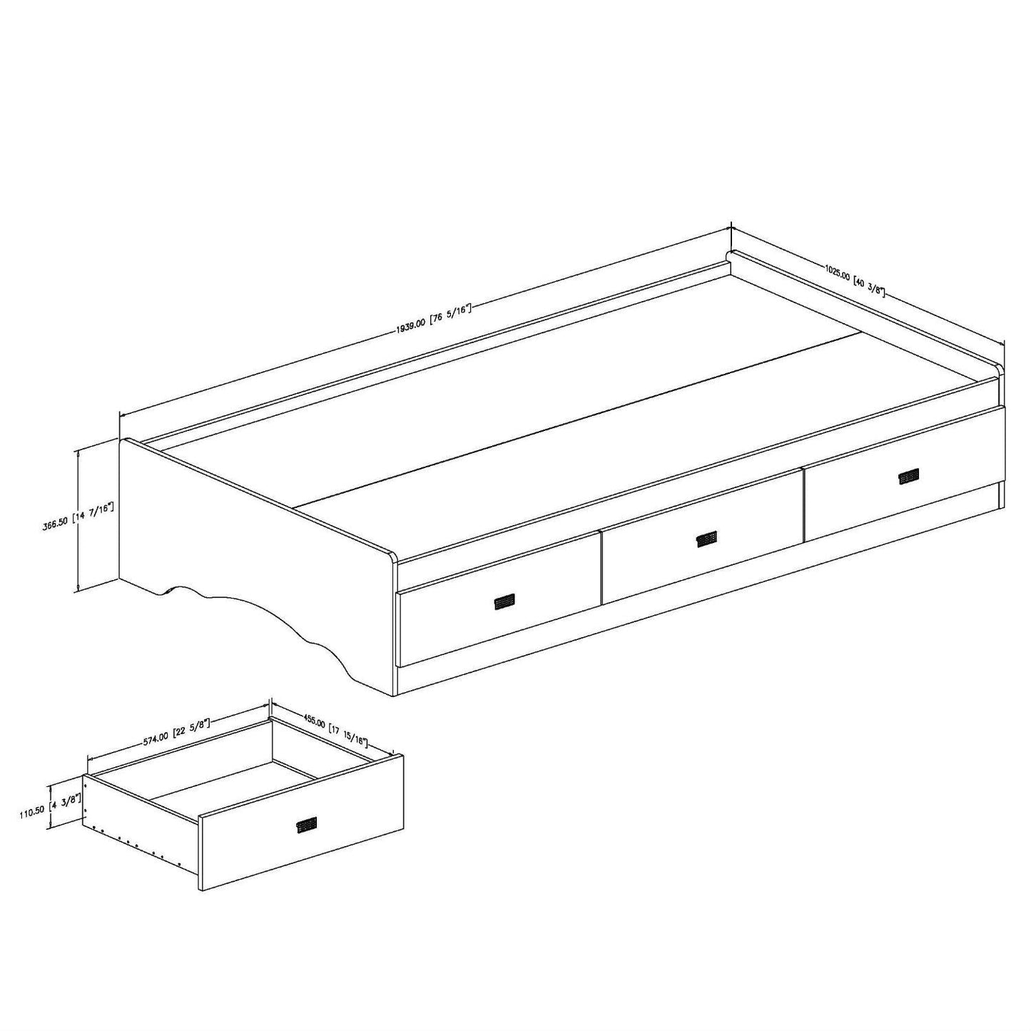 Base de cama con plataforma blanca tamaño Twin con 3 cajones de almacenamiento