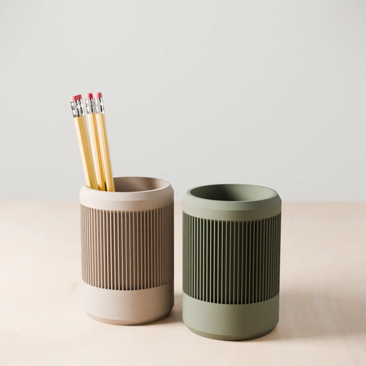 Stream Pencil Holder for Plants and Desk, ribbed ceramic duo in beige and sage green on Tampa Home & Garden Store