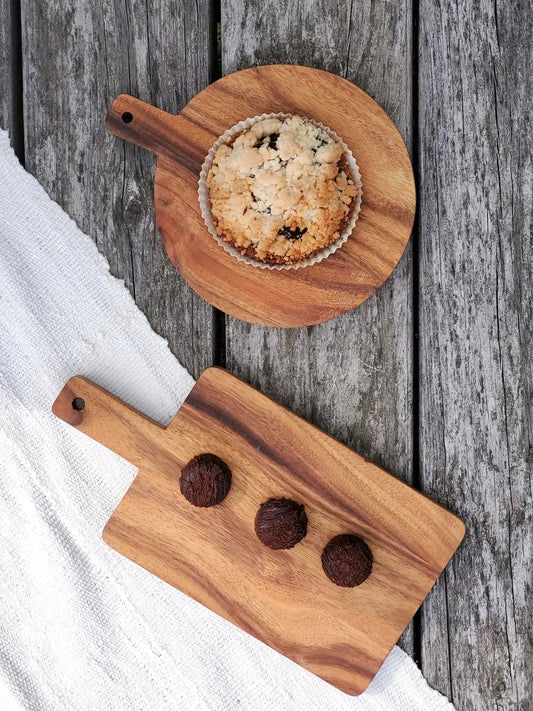 Albizia hardwood serving boards set with handles round and rectangular boards on Tampa Home & Garden Store