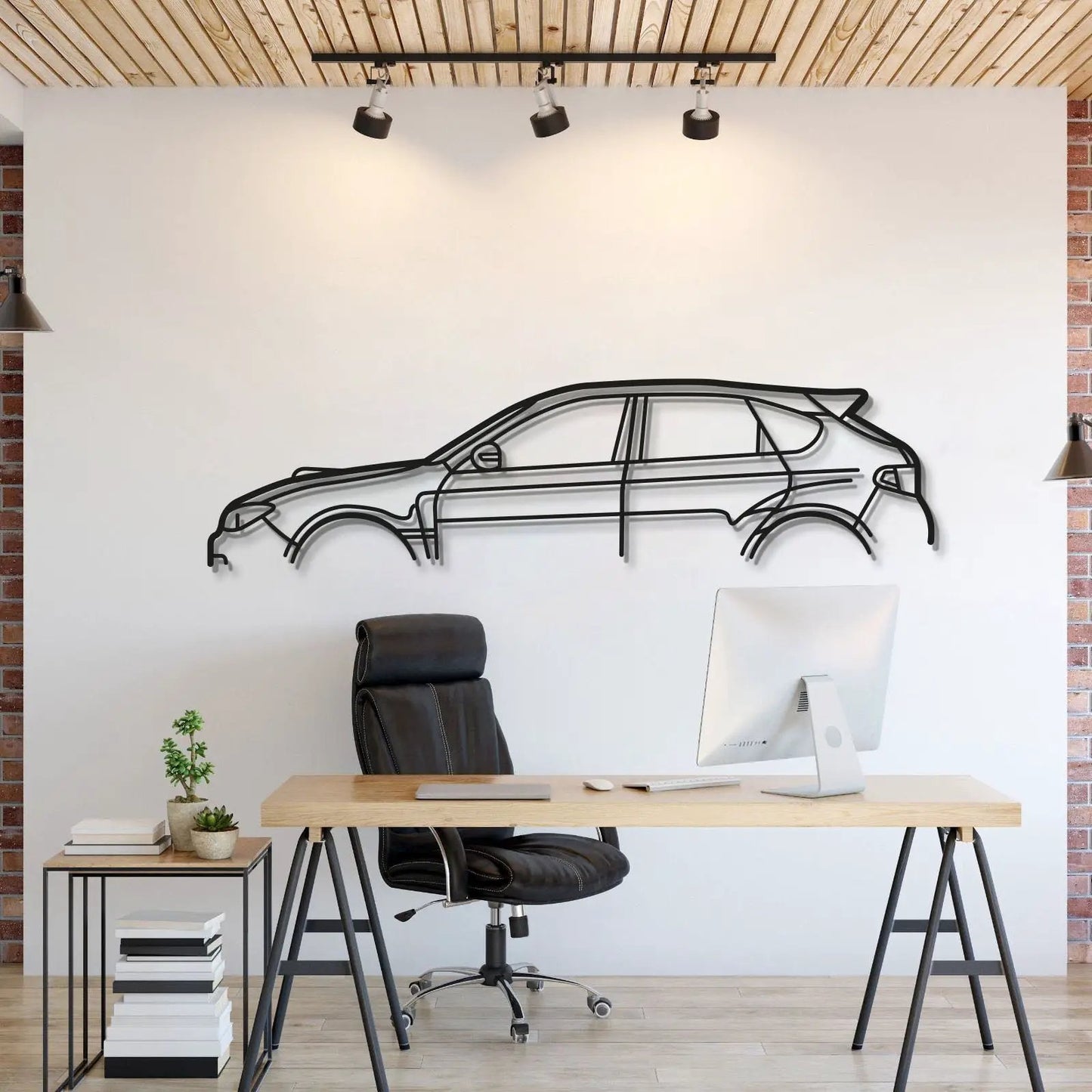 Impreza WRX STI GR metal car wall art in black line-art style on white wall by Modello Turbo on Tampa Home & Garden Store