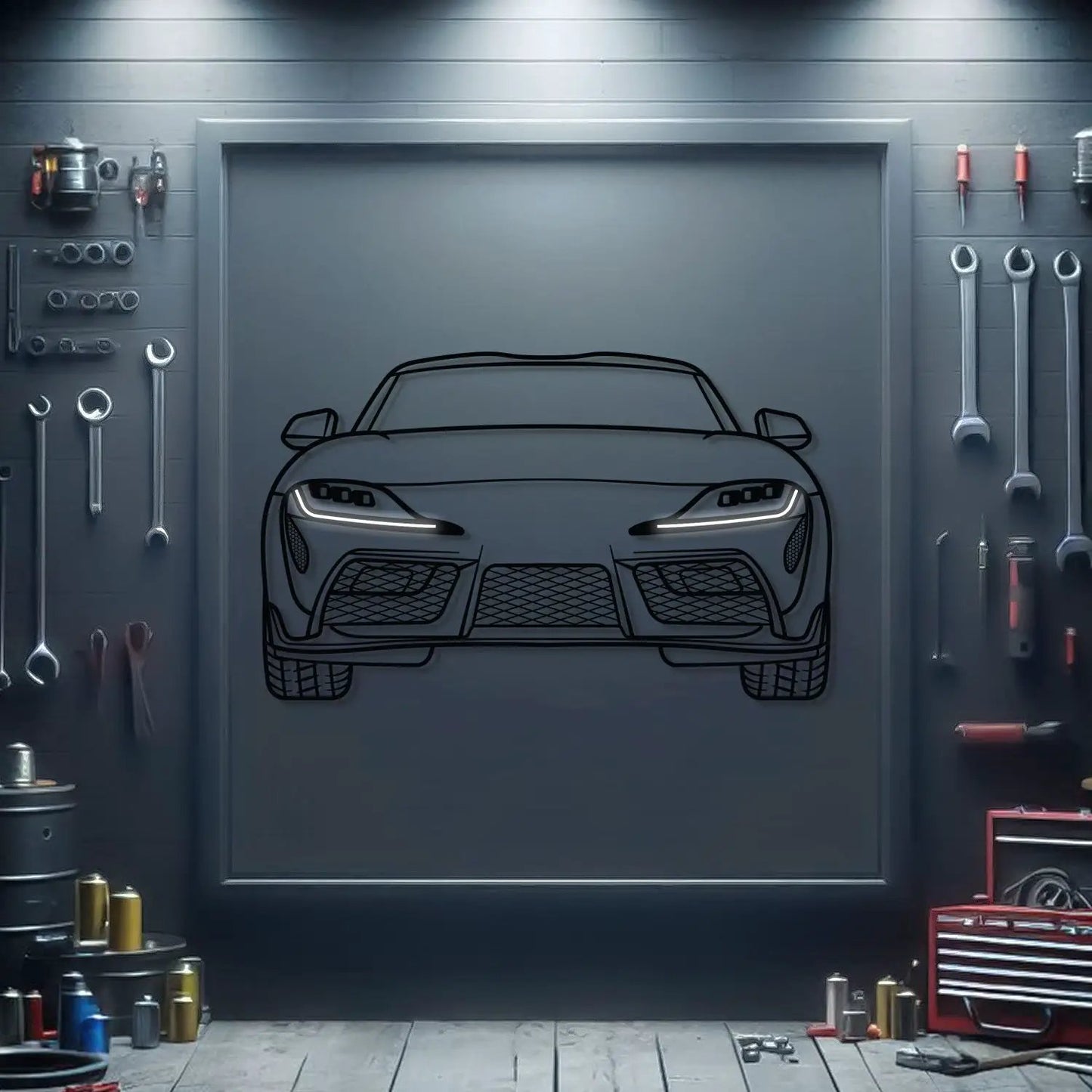 Supra MK5 front view metal neon car wall art by Modello Turbo automotive artwork on Tampa Home & Garden Store