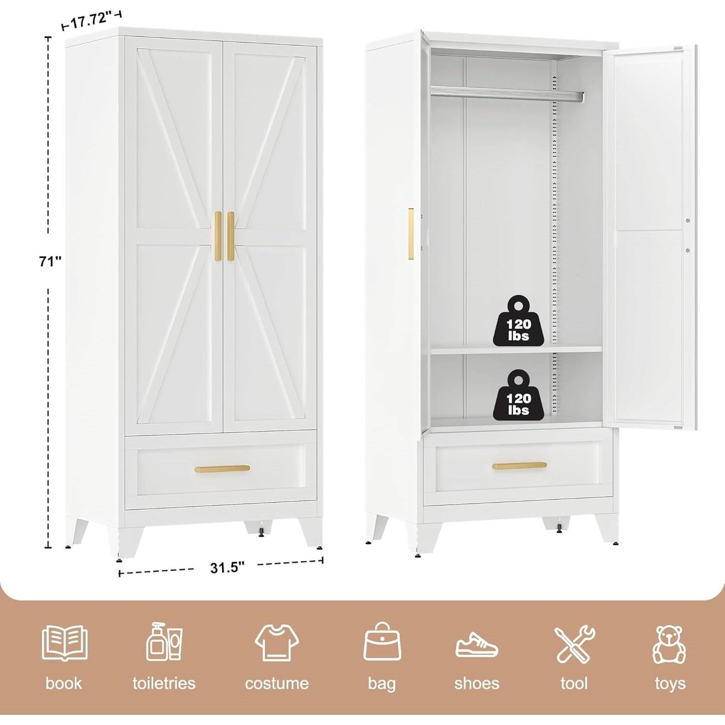 Armario ropero blanco de 2 puertas con cajón de almacenamiento y barra para colgar
