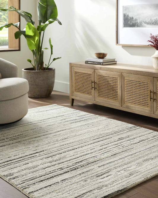 Sanja Luxe Rug by Boutique Rugs in white cream beige black with striped texture on Tampa Home & Garden Store