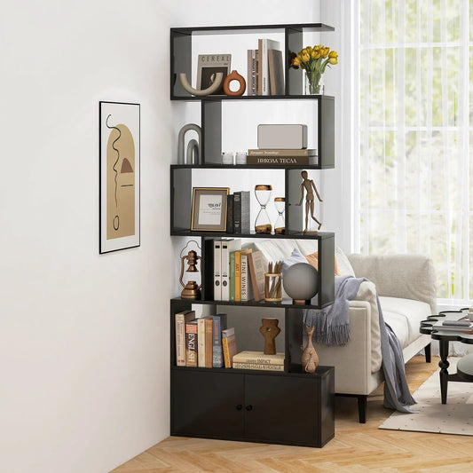 Six-tier S-shaped bookshelf with cabinet doors, black frame and white backing, DirectDeals on Tampa Home & Garden Store