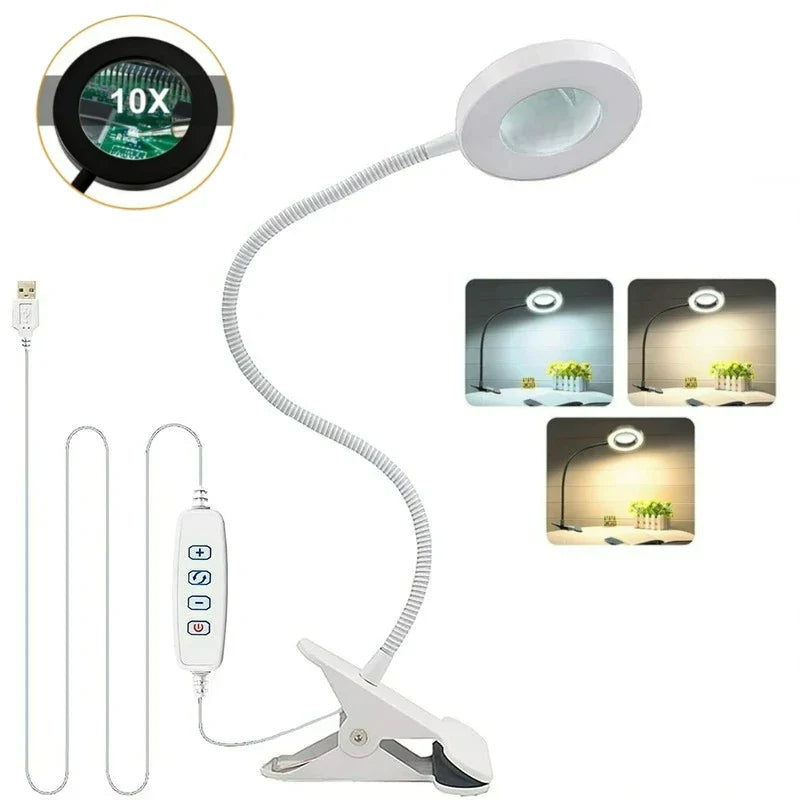 Perfecsy 10x magnifying desk lamp with white clamp, flexible gooseneck, USB power, 3-color LED on Tampa Home & Garden Store