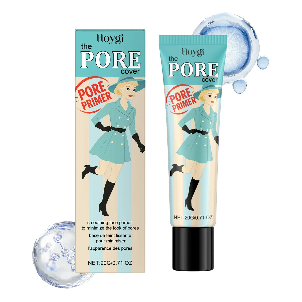 Hoygi Pore Primer box and tube in turquoise with retro woman in teal, red PORE PRIMER stamp on Tampa Home & Garden Store