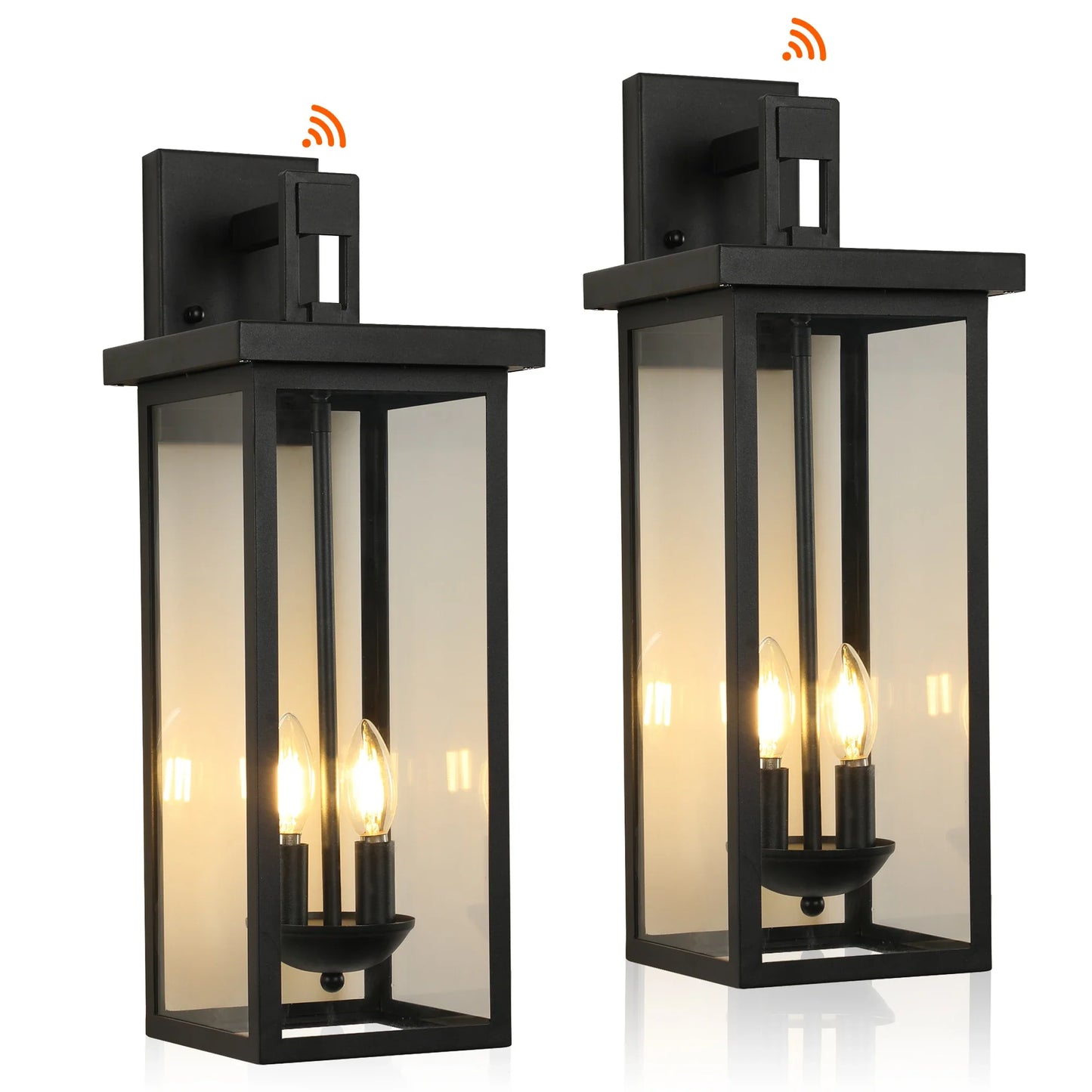 Two 22-inch outdoor wall lanterns with dusk-to-dawn sensor, black metal frame on Tampa Home & Garden Store