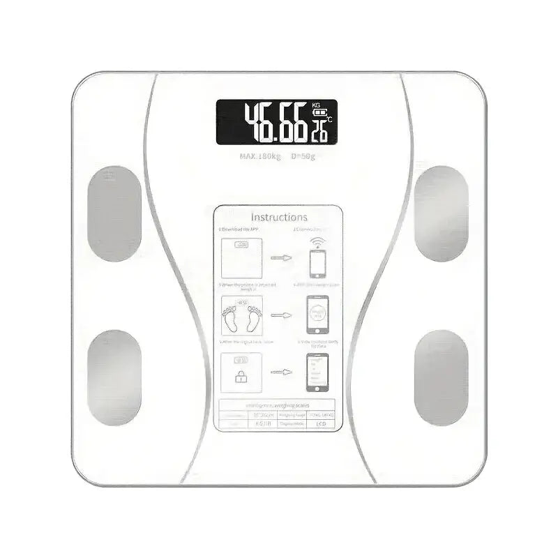White glass-top smart Bluetooth body fat scale with LED display and app sync Moktan Sabai on Tampa Home & Garden Store