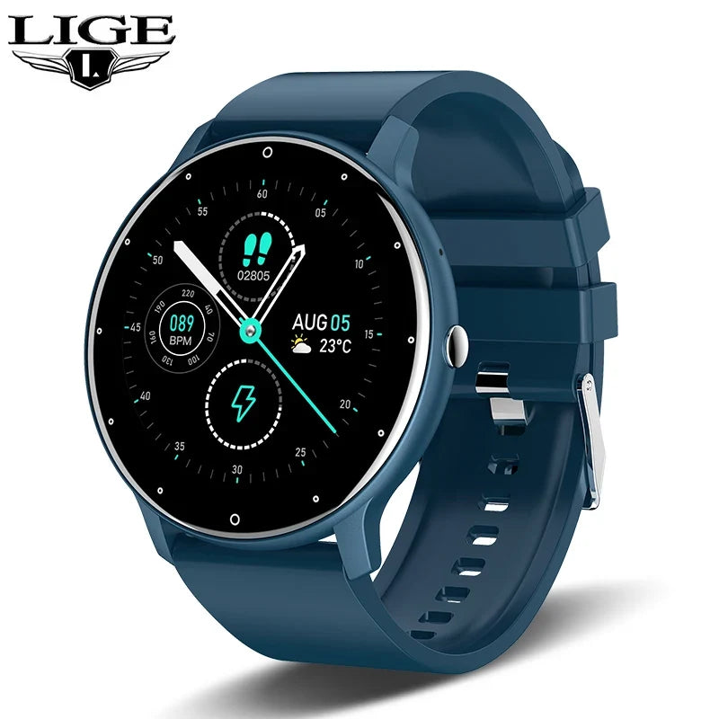 Smart Watch with Bluetooth Call by UpTrend Deals, round full-touch screen, blue silicone strap on Tampa Home & Garden Store