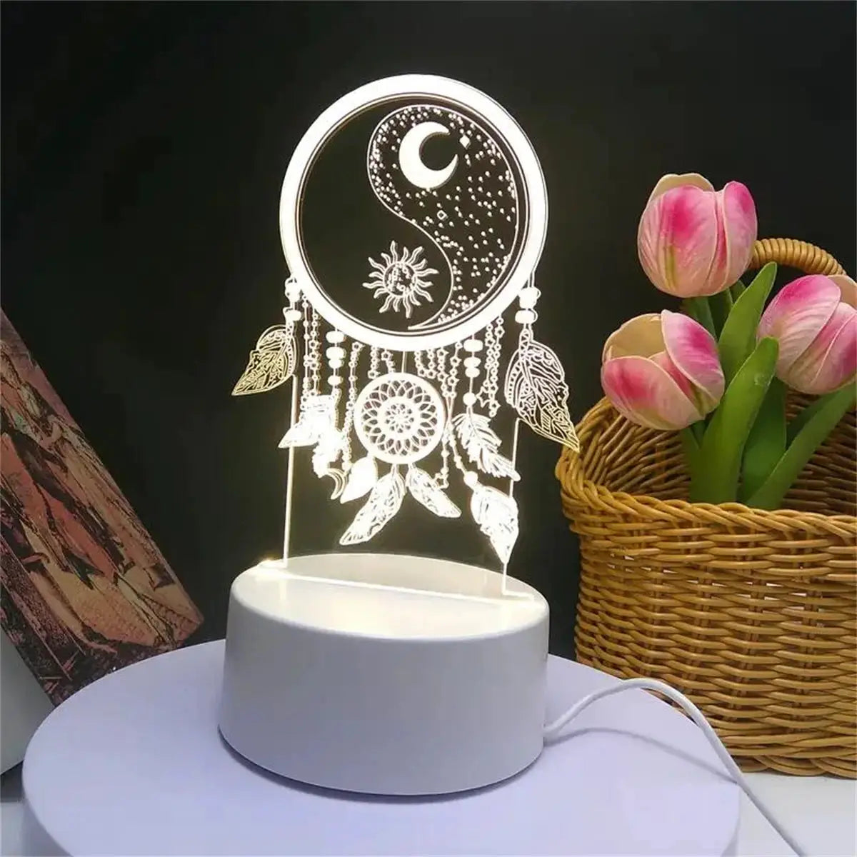 Dream Catcher 3D Night Light Moktan Sabai, white circular glow with dreamcatcher charms on Tampa Home & Garden Store
