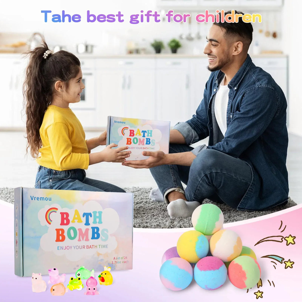 Kids bath bombs set 24-pack with surprise by Silcy Skin, colorful packaging and bombs, on Tampa Home & Garden Store