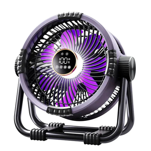 Outdoor Rechargeable Camping Fan with LED Light by Moktan Sabai, purple frame, display on Tampa Home & Garden Store