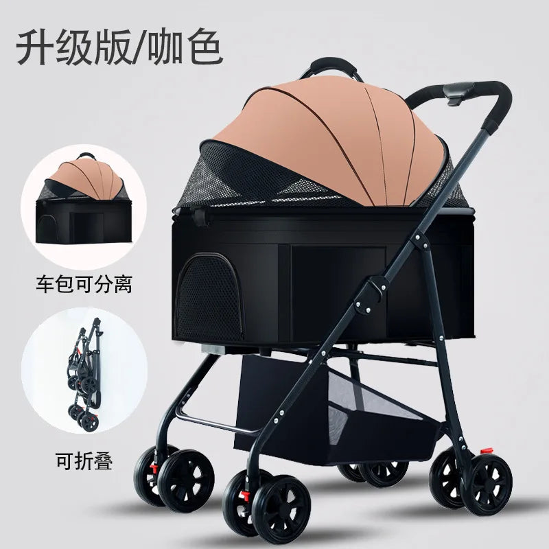 Pet Zen 3-in-1 dog stroller with removable carrier, peach-beige canopy and black frame on Tampa Home & Garden Store