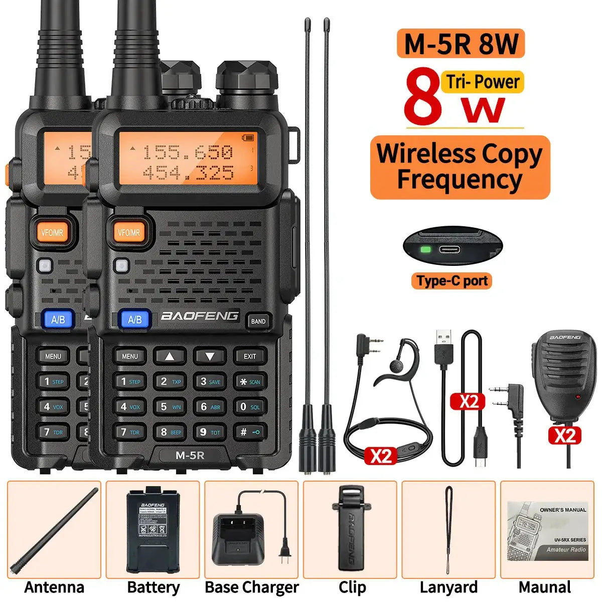 Walkie talkie Baofeng M-5R 8W multi-band two-way radio USB-C, dual radios with accessories on Tampa Home & Garden Store