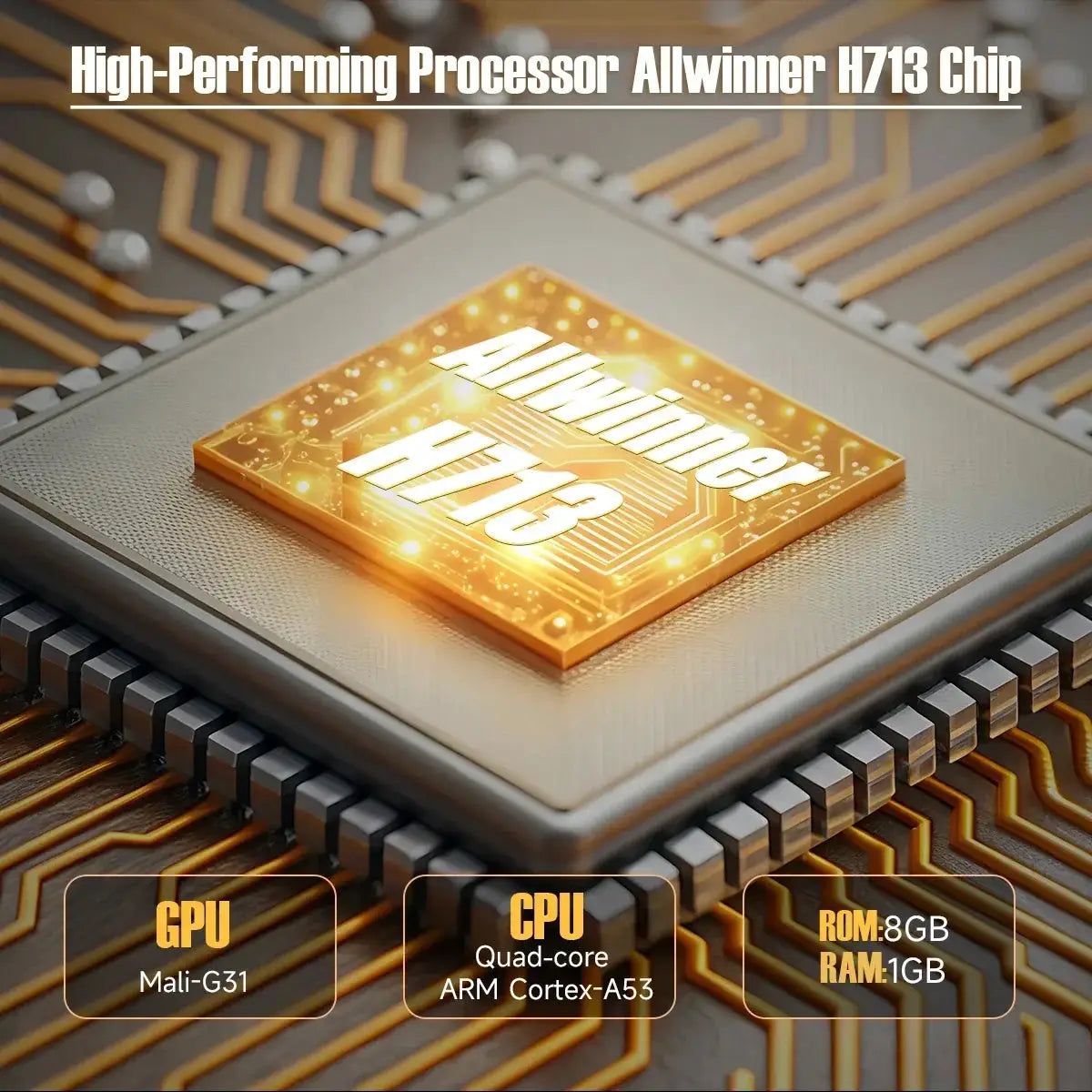 Gold AI processor chip on circuit board with Mali-G31 GPU and ARM Cortex-A53 CPU labels on Tampa Home & Garden Store