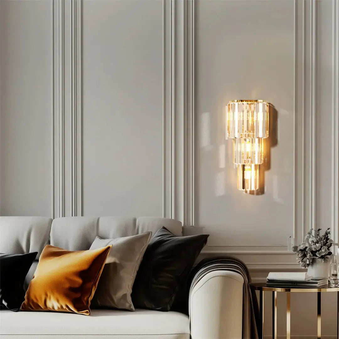Modern Crystal Wall Lamp with Custom Image Panel gold-tone crystal wall sconce for lounge on Tampa Home & Garden Store