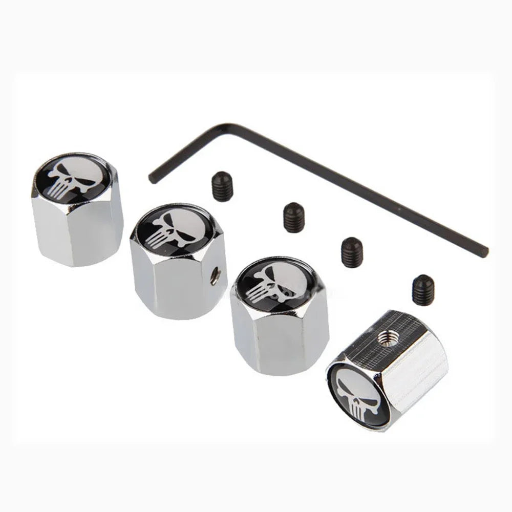 Anti-Theft Skull Valve Stem Caps set by BikerZoneZ, chrome finish, 4 caps with skull logos on Tampa Home & Garden Store