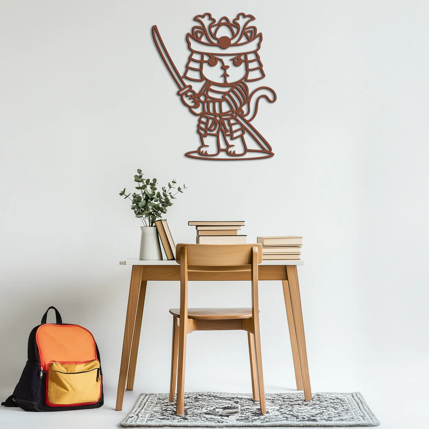 Samurai Cat Warrior Metal Wall Art with katana in copper-brown finish on Tampa Home & Garden Store