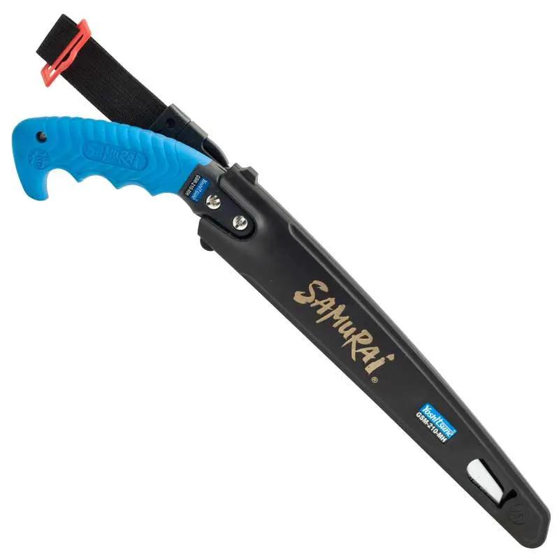 Samurai Challenge Pruning Saw with blue ergonomic handle and straight blade pruning tool on Tampa Home & Garden Store