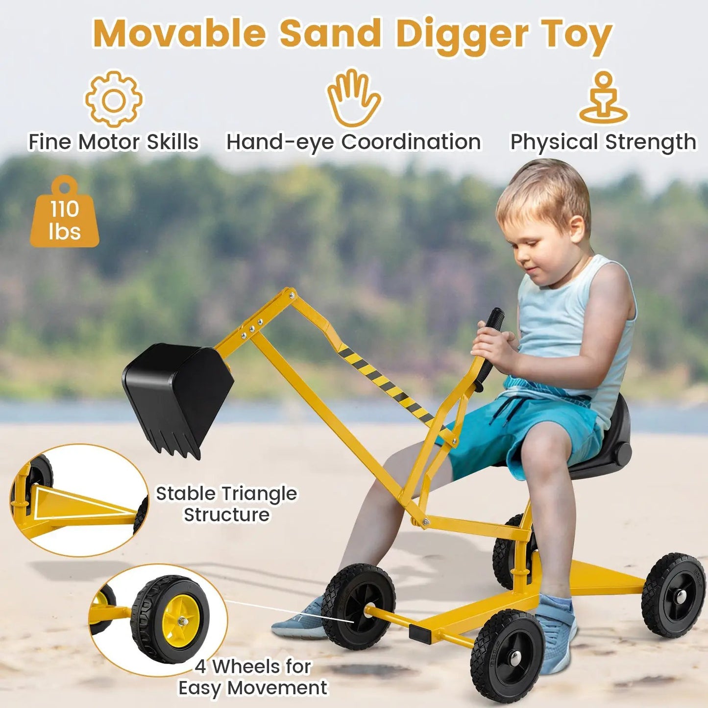 Sand Digger For Kids DirectDeals yellow toy with two-handed controls and 4 wheels on Tampa Home & Garden Store