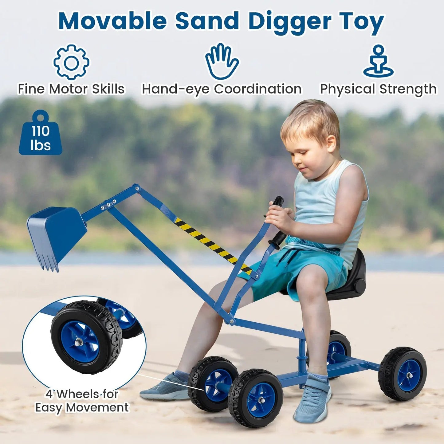 Sand Digger for Kids with 2-Handed Controls blue frame and 4 wheels on Tampa Home & Garden Store