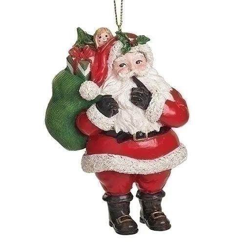 Santa bearing gifts ornament with red suit and green gift bag for Christmas decor on Tampa Home & Garden Store