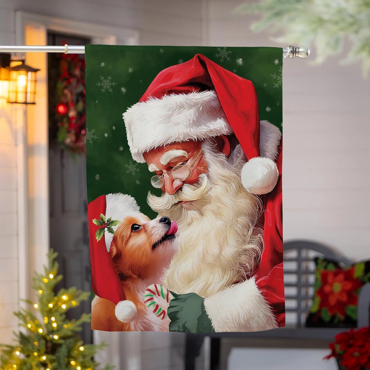 Santa and Olive Suede House Flag with Santa hat and dog on green background on Tampa Home & Garden Store