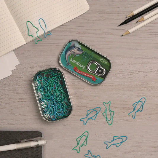 Sardine paper clips in teal fish-shaped form, 80 pieces in a metal tin by OTOTO DESIGN on Tampa Home & Garden Store