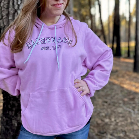 Sassenach collegiate embroidered sweatshirt lavender with light blue drawstrings on Tampa Home & Garden Store